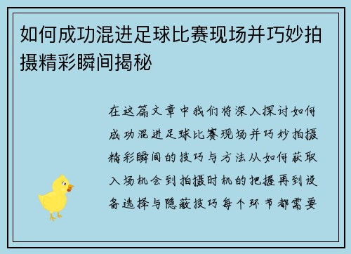 如何成功混进足球比赛现场并巧妙拍摄精彩瞬间揭秘