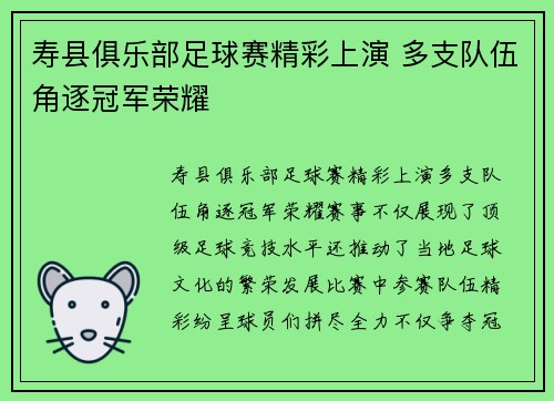 寿县俱乐部足球赛精彩上演 多支队伍角逐冠军荣耀