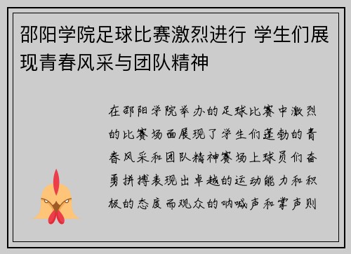 邵阳学院足球比赛激烈进行 学生们展现青春风采与团队精神