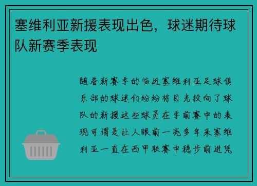 塞维利亚新援表现出色，球迷期待球队新赛季表现
