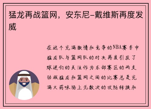 猛龙再战篮网，安东尼-戴维斯再度发威