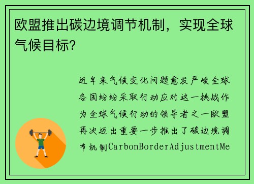欧盟推出碳边境调节机制，实现全球气候目标？