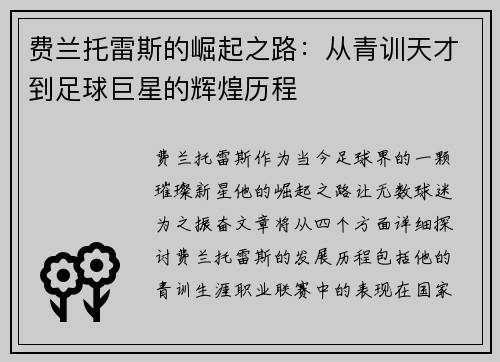 费兰托雷斯的崛起之路：从青训天才到足球巨星的辉煌历程