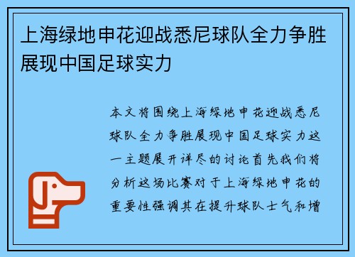 上海绿地申花迎战悉尼球队全力争胜展现中国足球实力