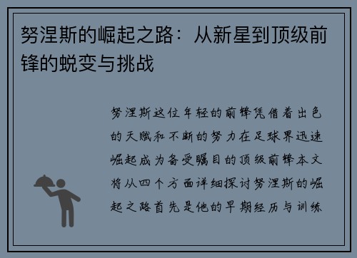 努涅斯的崛起之路：从新星到顶级前锋的蜕变与挑战